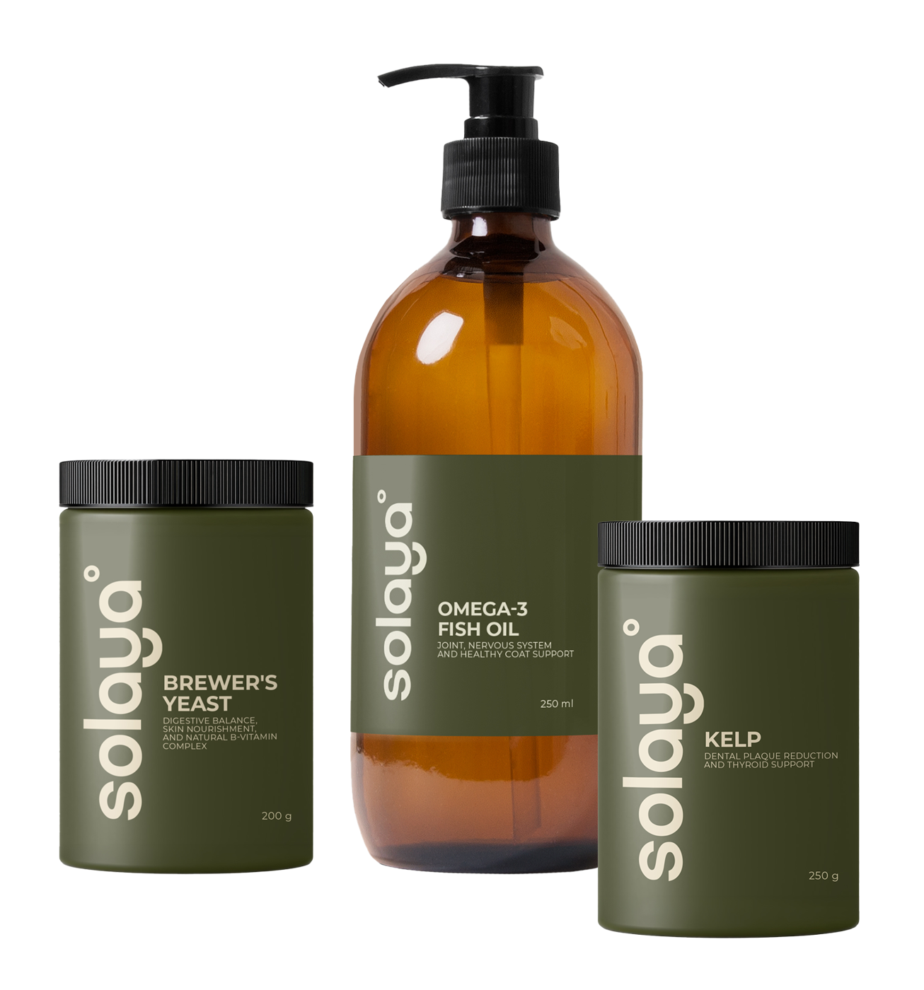 Suplementy SOLAYA dla psów i kotów: omega-3, kelp, drożdże